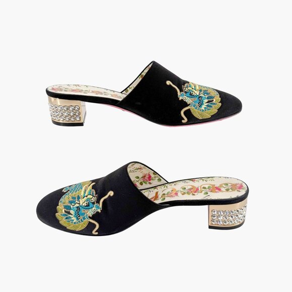 Gucci Dragon Embroidered Candy Mules EU 37 US 7 Black Satin Crystal Block Heel - Picture 10 of 15
